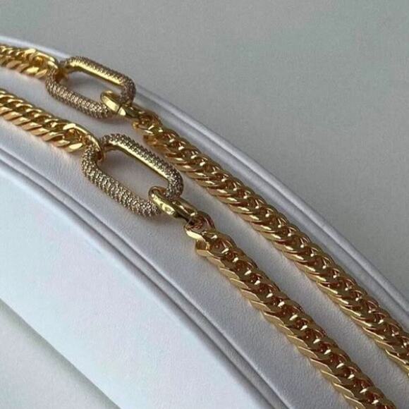 Gold Zircon Rectangular Charm Necklace Chain Link - Picture 7 of 11